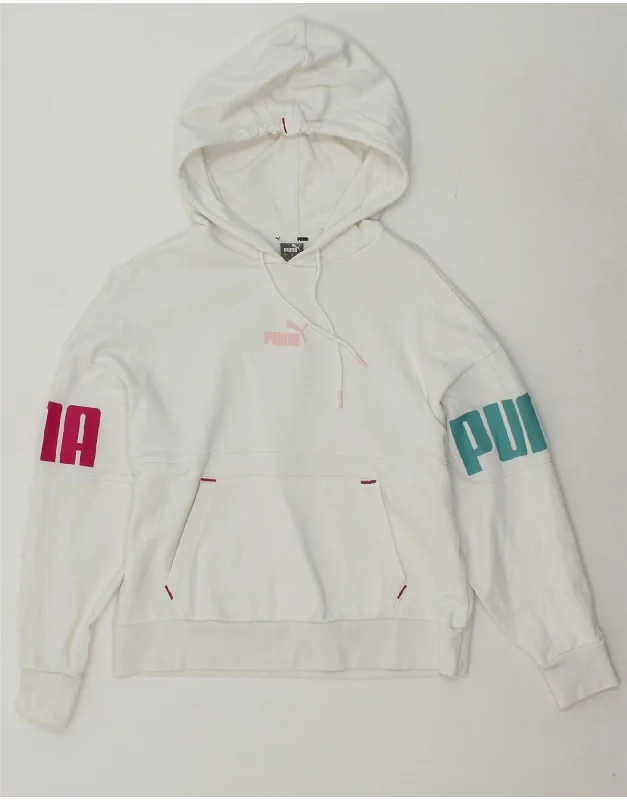 PUMA Womens Graphic Hoodie Jumper UK 10 Small White Cotton