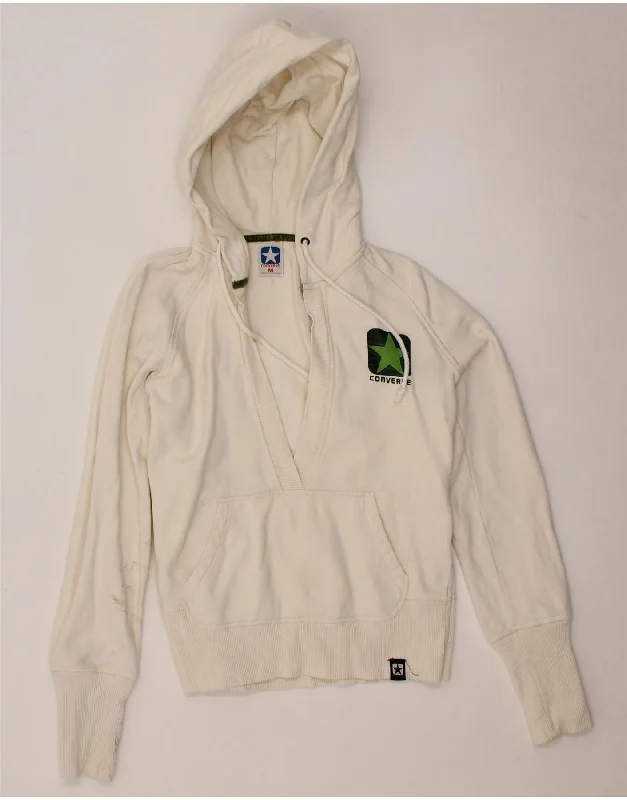 CONVERSE Womens Graphic Hoodie Jumper UK 12 Medium Off White Cotton