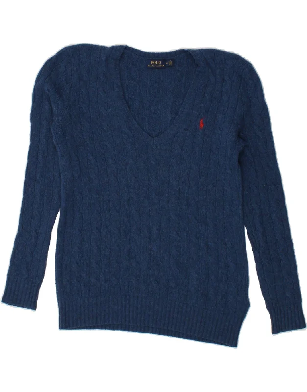 POLO RALPH LAUREN Womens V-Neck Jumper Sweater UK 14 Medium Navy Blue Wool