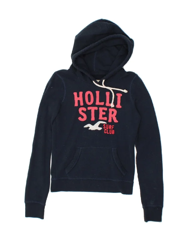 HOLLISTER Womens Graphic Hoodie Jumper UK 10 Small Navy Blue Cotton