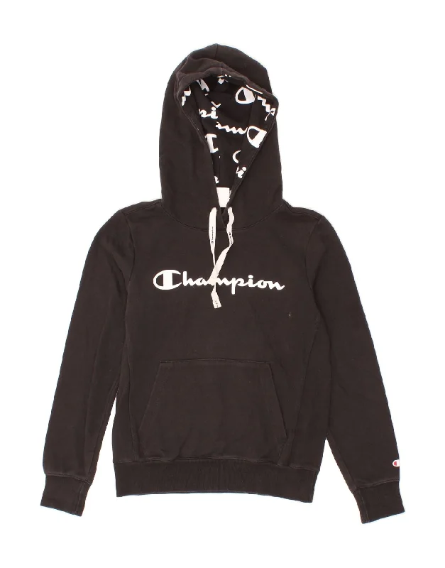 CHAMPION Womens Loose Fit Graphic Hoodie Jumper UK 6 XS Black Cotton