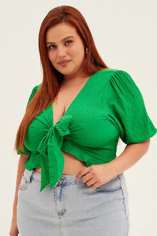 Green Tie Bolero Crop Textured Puff Sleeve