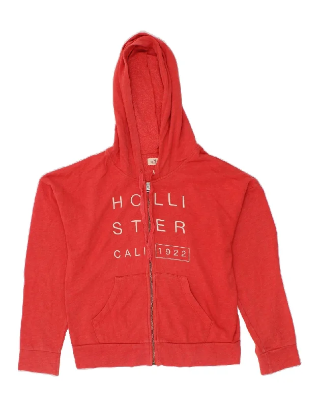 HOLLISTER Womens Graphic Zip Hoodie Sweater UK 14 Medium Red Cotton