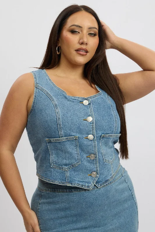 Denim Stretch Button Through Fitted Vest