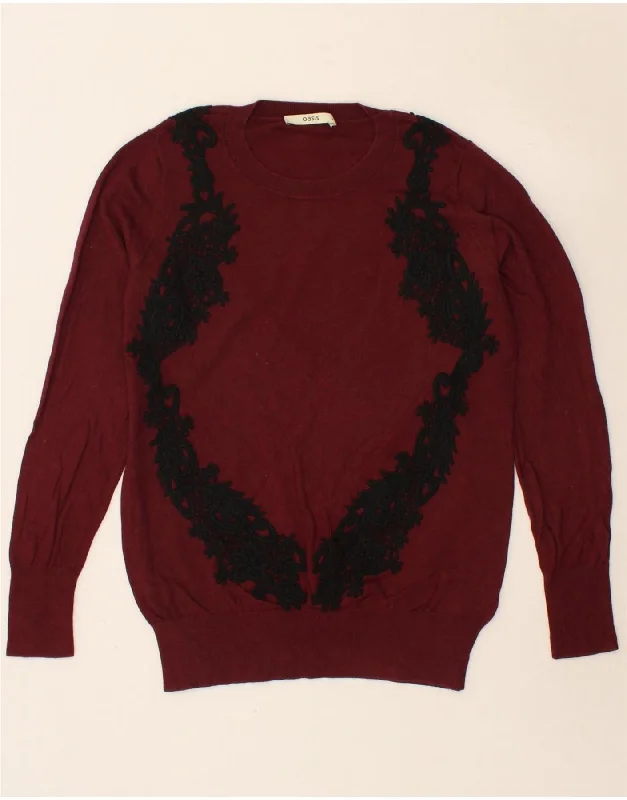 OASIS Womens Crew Neck Jumper Sweater UK 10 Small Maroon Floral Cotton