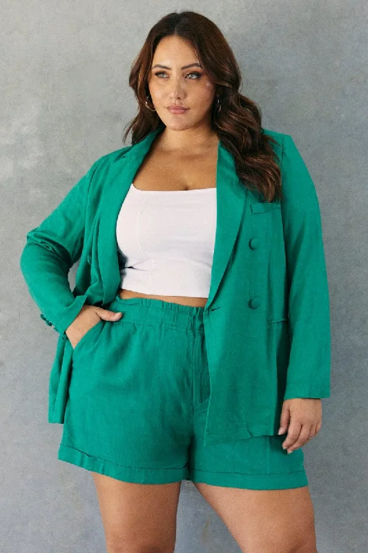 Green Linen Blazer Long Sleeve Double Breasted