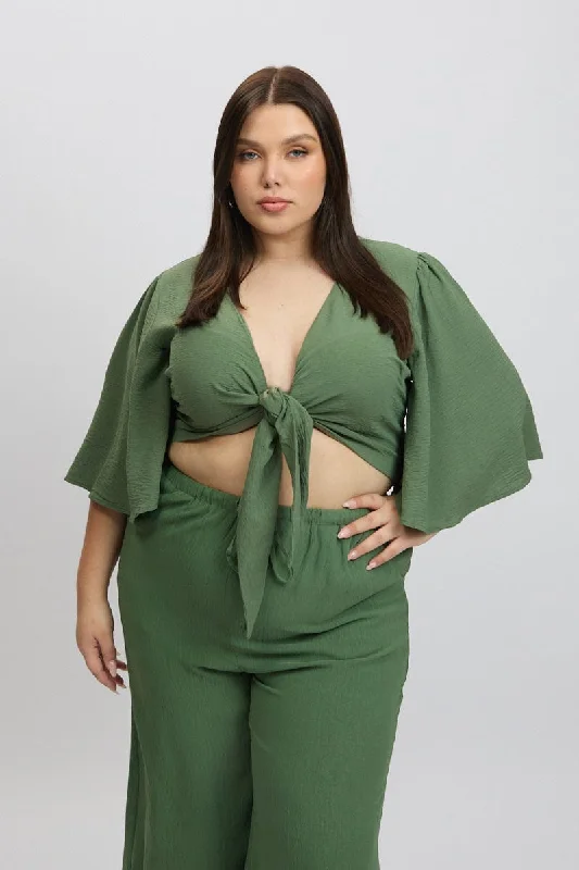 Green Tie Front Textured Georgette Bolero Top