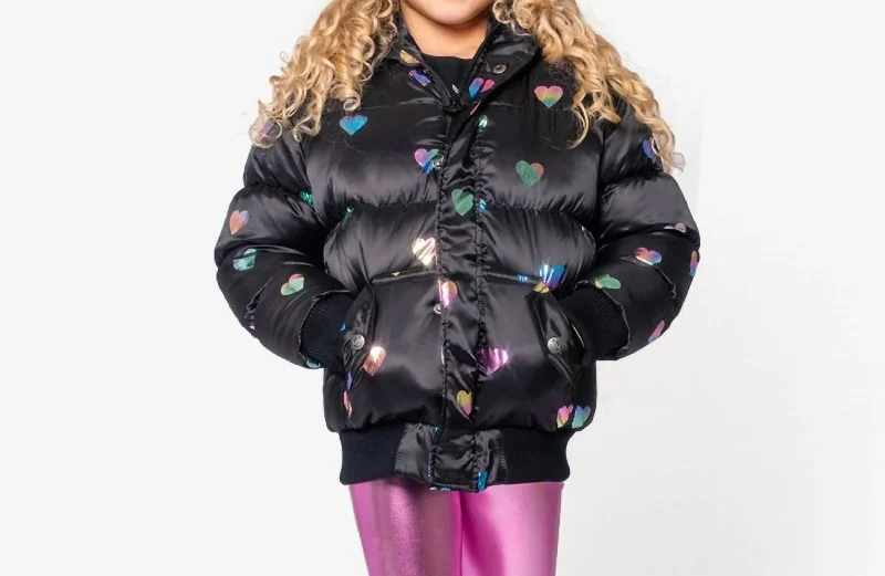 Girl's Rainbow Hearts Puffy Coat In Black