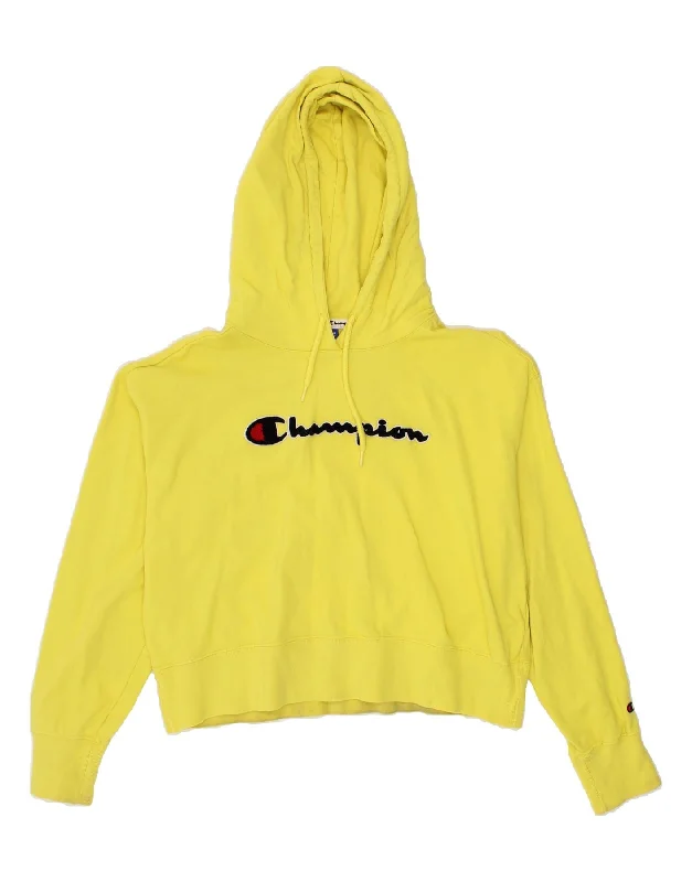 CHAMPION Womens Crop Graphic Hoodie Jumper UK 18 XL Yellow Cotton