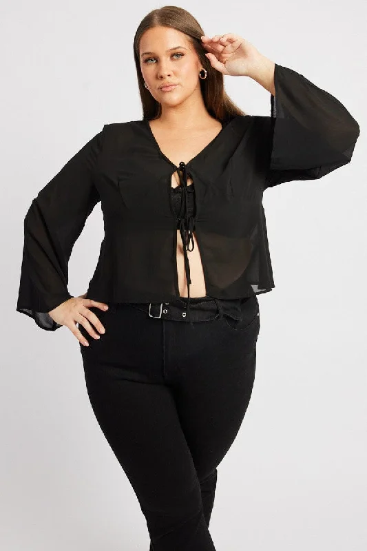 Black Chiffon Flare Sleeve Tie Bolero Jacket