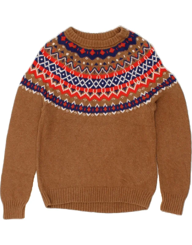 J. CREW Womens Crew Neck Jumper Sweater UK 6 XS Brown Fair Isle Cotton