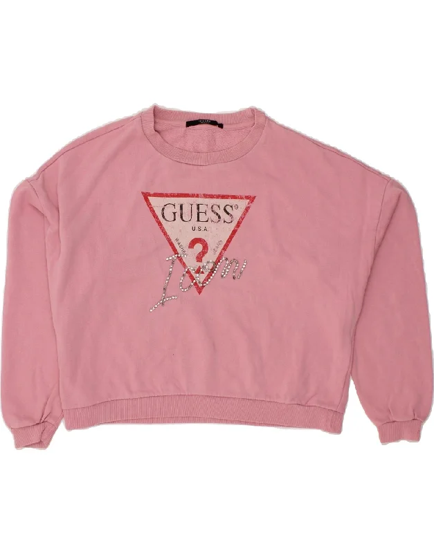 GUESS Womens Oversized Crop Graphic Sweatshirt Jumper UK 14 Medium Pink