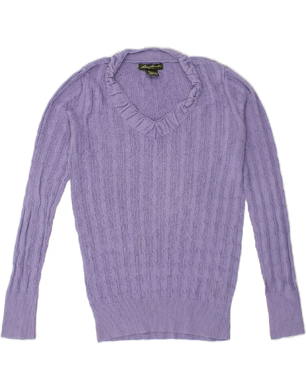 EDDIE BAUER Womens V-Neck Jumper Sweater UK 10 Small Purple Cotton