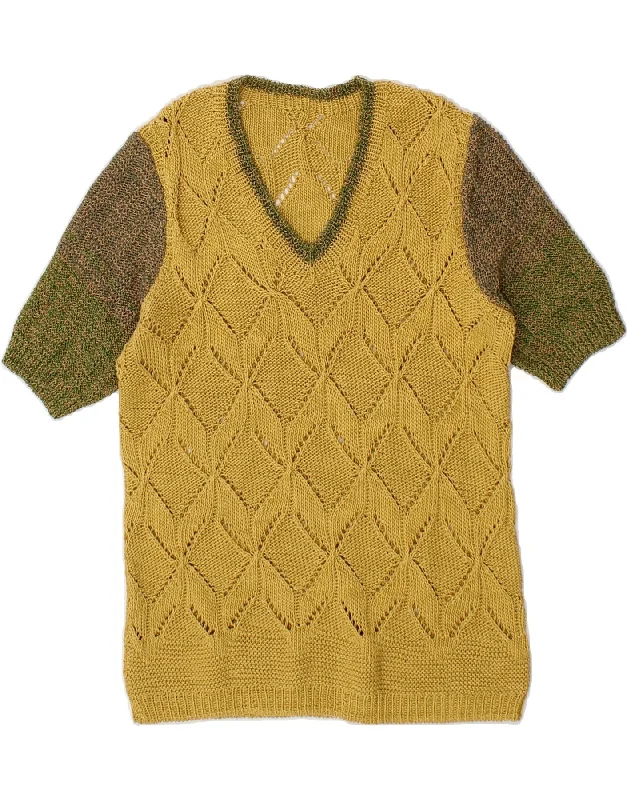 VINTAGE Womens V-Neck Jumper Sweater UK 10 Small Yellow Argyle/Diamond