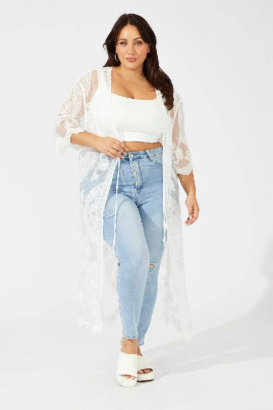 White Longline Embroidered Mesh Kimono