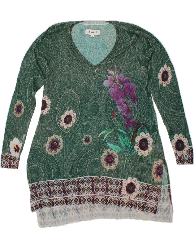 DESIGUAL Womens Longline V-Neck Jumper Sweater UK 14 Large Green Floral