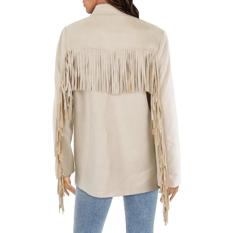 Womens Faux Suede Fringe Two-Button Blazer