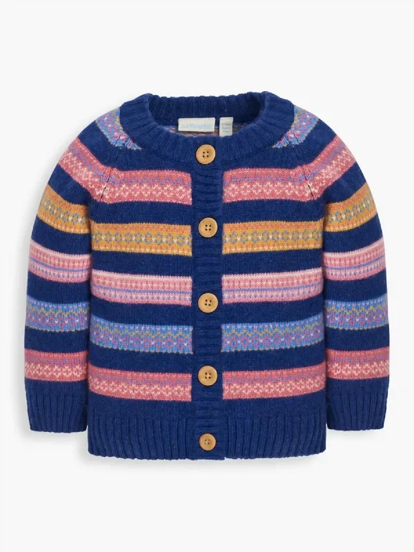 Girl's Stripe Fair Isle Cardigan In Navy