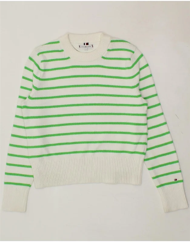 TOMMY HILFIGER Womens Crew Neck Jumper Sweater UK 14 Medium White Striped