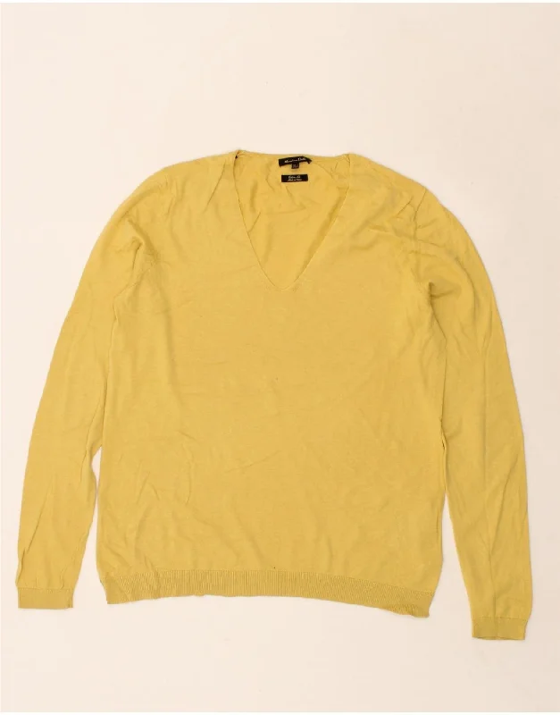 MASSIMO DUTTI Womens V-Neck Jumper Sweater UK 16 Large Yellow Cotton