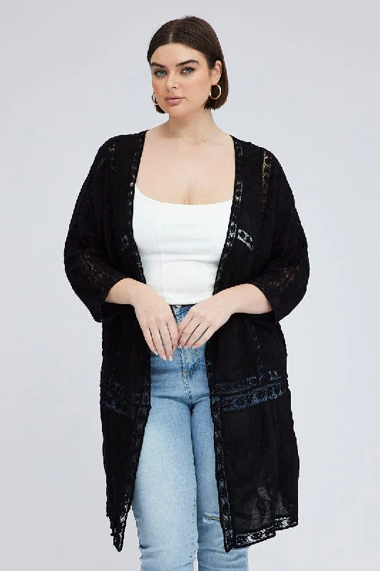 Black Embroidered Kimono Mesh 3/4 Sleeve