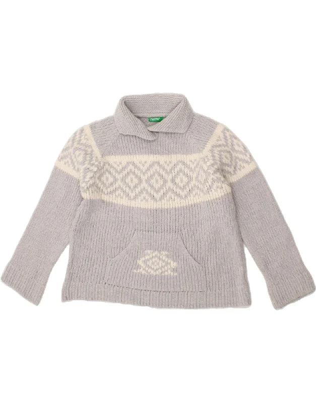 BENETTON Womens Crop Polo Neck Jumper Sweater IT 44 Medium Grey Fair Isle