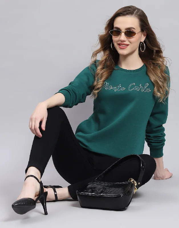 Women Teal Blue Embroidered Round Neck Full Sleeve Sweatshirt