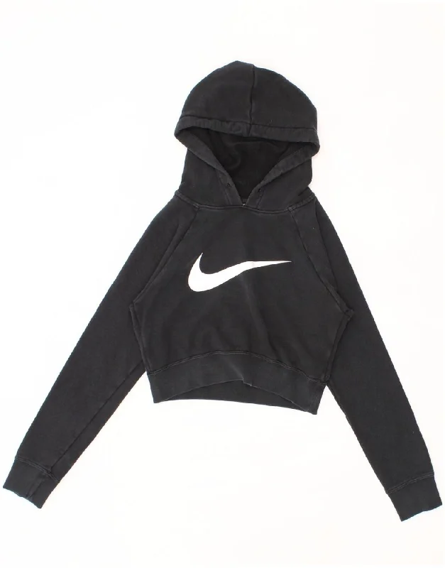 NIKE Womens Graphic Crop Hoodie Jumper UK 6 XS Black Cotton