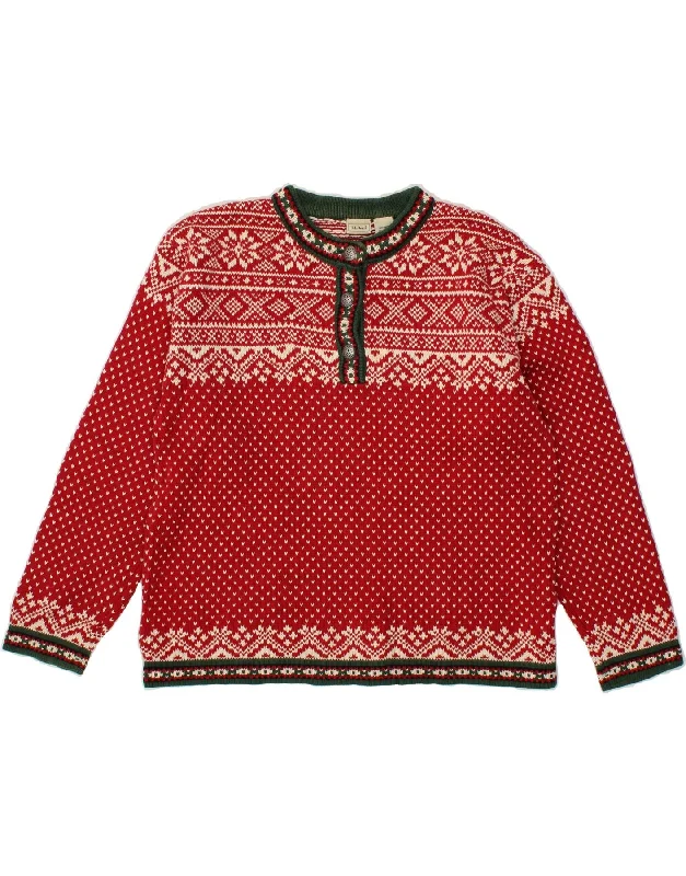 L.L.BEAN Womens Crew Neck Jumper Sweater UK 16 Large Red Fair Isle Cotton