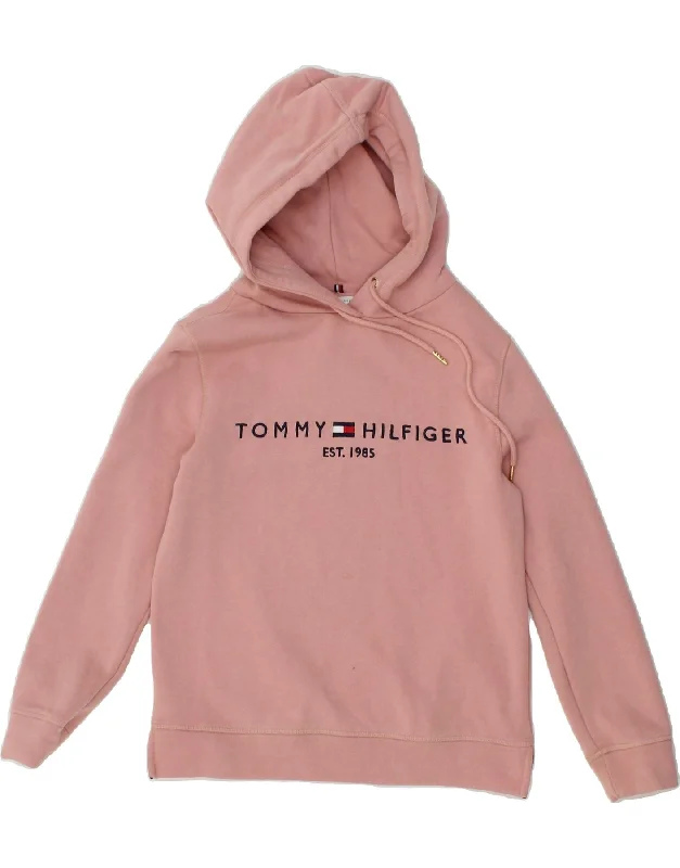 TOMMY HILFIGER Womens Oversized Graphic Hoodie Jumper UK 6 XS Pink Cotton