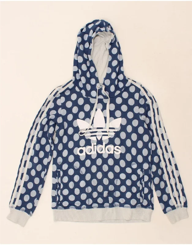 ADIDAS Womens Graphic Hoodie Jumper UK 12 Medium Blue Polka Dot Cotton