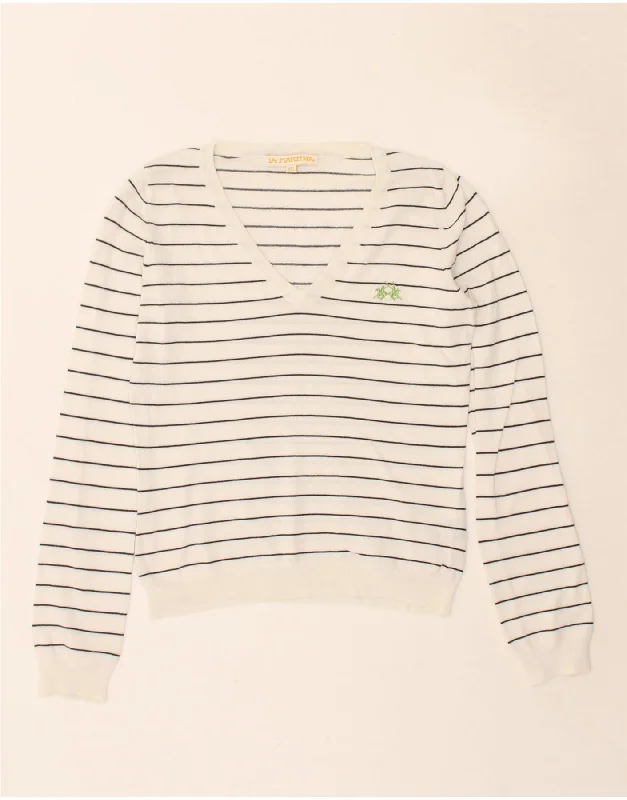 LA MARTINA Womens Loose Fit V-Neck Jumper Sweater UK 6 XS White Striped