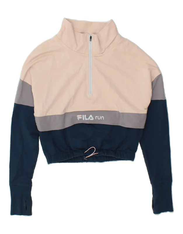 FILA Womens Crop Zip Neck Sweatshirt Jumper UK 10 Small Pink Colourblock