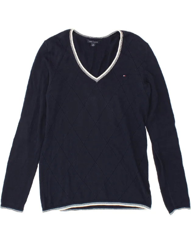 TOMMY HILFIGER Womens V-Neck Jumper Sweater UK 10 Small Navy Blue Cotton