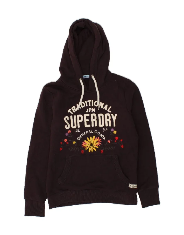 SUPERDRY Womens Graphic Hoodie Jumper UK 10 Small Burgundy Floral Cotton