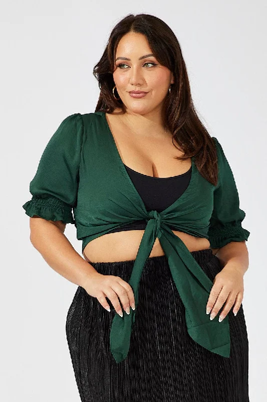 Green Satin Bolero Top Tie Front Puff Sleeve