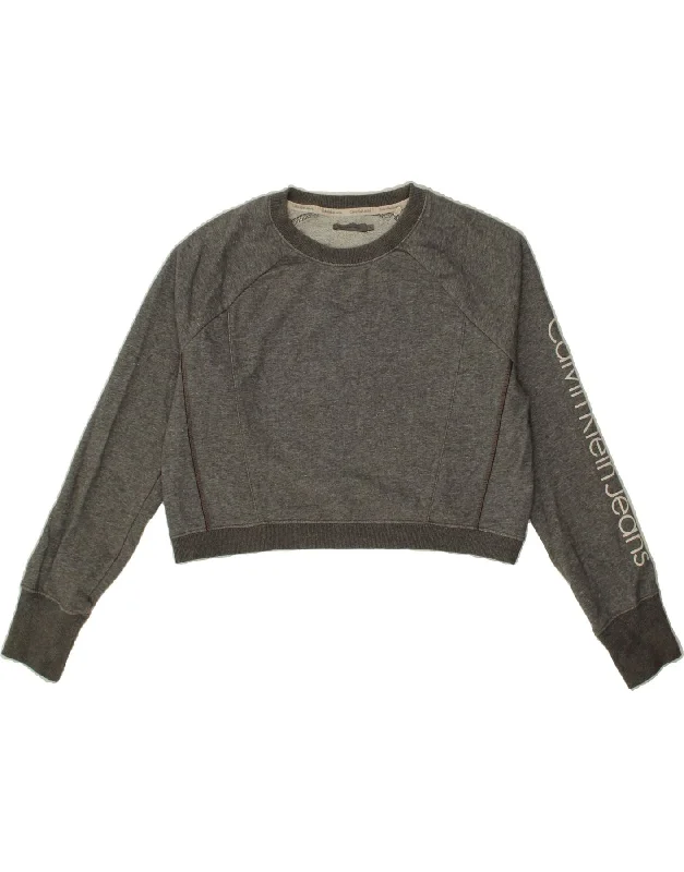 CALVIN KLEIN JEANS Womens Crop Graphic Sweatshirt Jumper UK 16 Large Grey