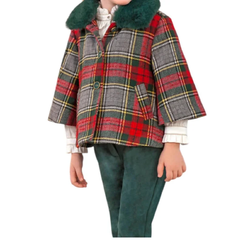 Plaid Girls Coat With Faux Fur Collar In Red And Bottle Green