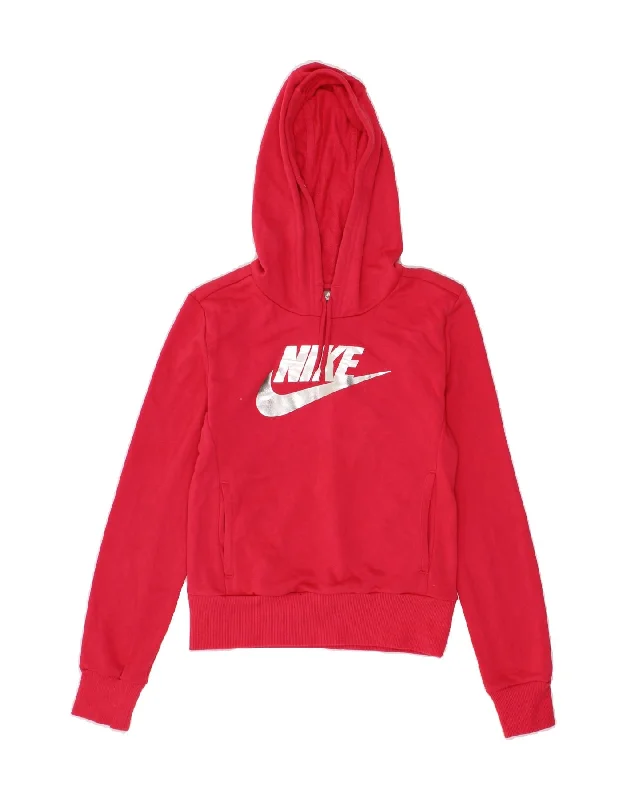 NIKE Womens Crop Graphic Hoodie Jumper UK 8/10 Small Red Cotton