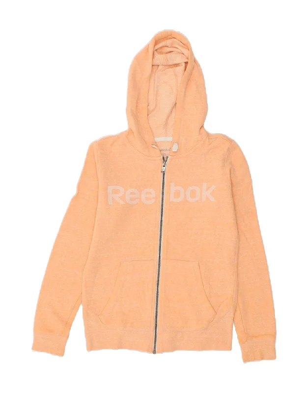 REEBOK Womens Graphic Zip Hoodie Sweater UK 4/6 XS Orange Cotton