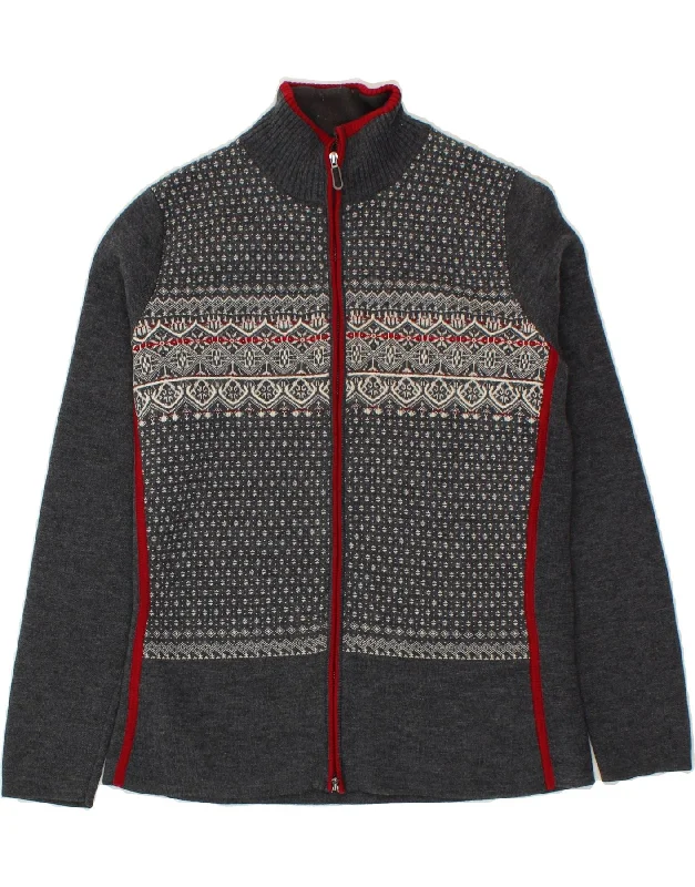 EDDIE BAUER Womens Cardigan Sweater UK 16 Large Grey Fair Isle Merino Wool