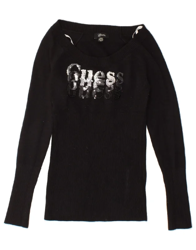 GUESS Womens Graphic Boat Neck Jumper Sweater UK 12 Medium Black Acrylic