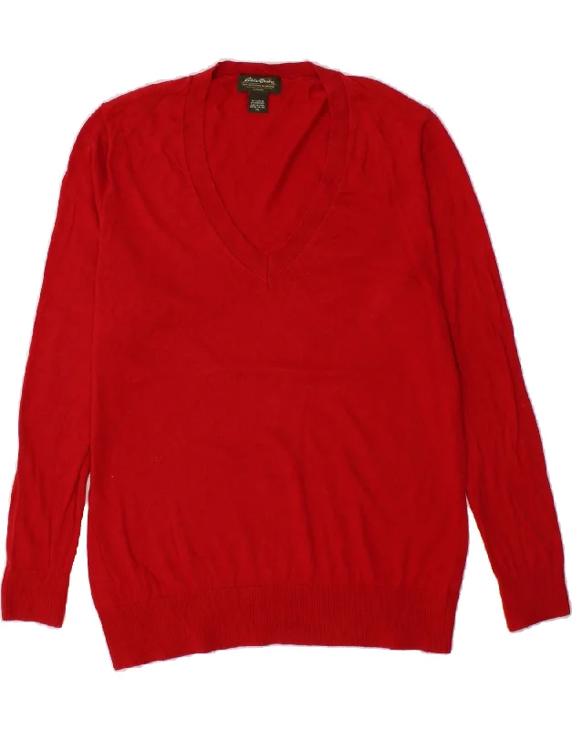 EDDIE BAUER Womens V-Neck Jumper Sweater UK 18 XL Red Cotton