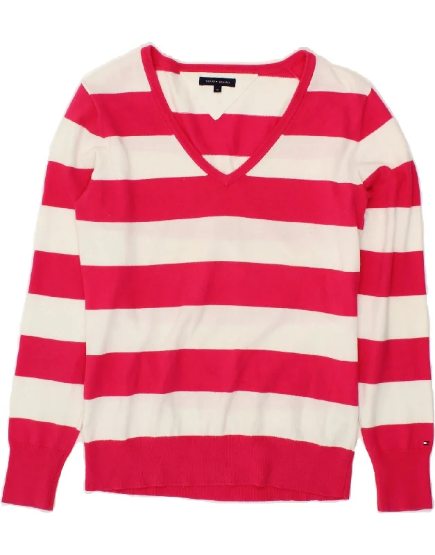 TOMMY HILFIGER Womens V-Neck Jumper Sweater UK 12 Medium Pink Striped