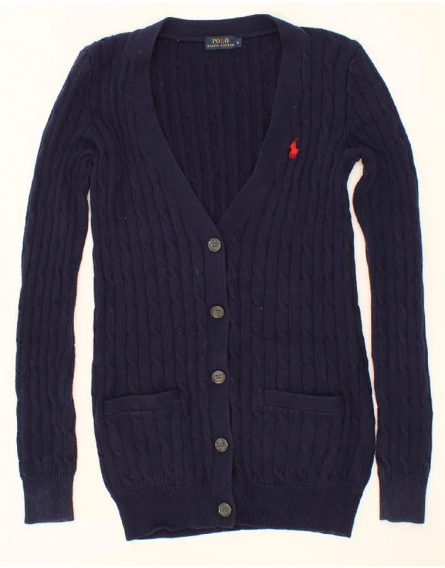 POLO RALPH LAUREN Womens Cardigan Sweater UK 10 Small Navy Blue Cotton