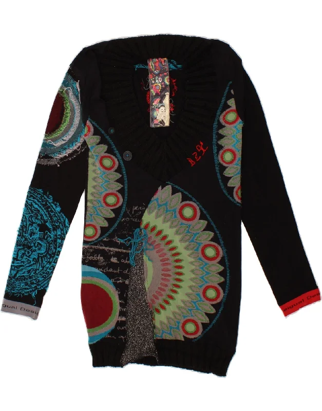 DESIGUAL Womens Graphic Longline V-Neck Jumper Sweater UK 14 Large Black