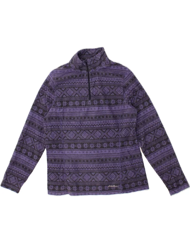 EDDIE BAUER Womens Zip Neck Fleece Jumper UK 14 Medium Purple Fair Isle