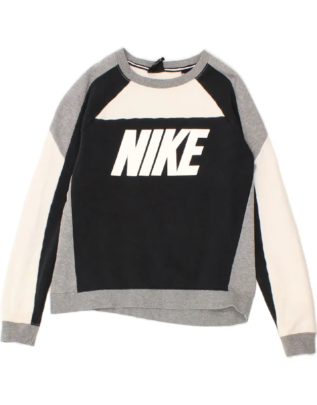 NIKE Womens Graphic Sweatshirt Jumper UK 14 Medium Grey Colourblock Cotton