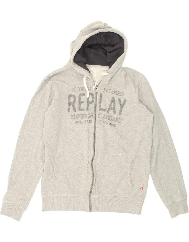 REPLAY Womens Graphic Zip Hoodie Sweater UK 18 XL Grey Cotton