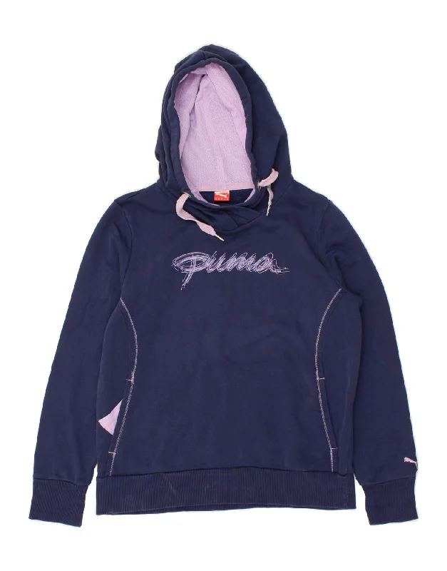 PUMA Womens Graphic Hoodie Jumper UK 16 Large Navy Blue Cotton